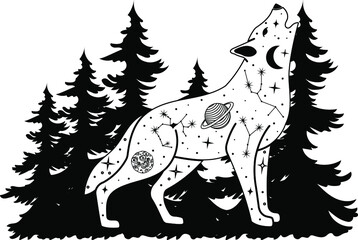 Mystical wolf. Magic poster, Tattu style, Vector, Tarro, moon, celestial art. Mountains, spruce, dream catcher, wolf.