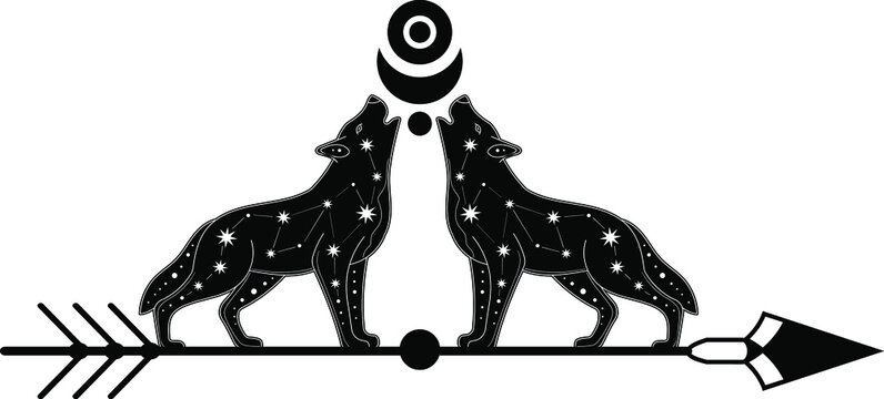 Mystical wolf. Magic poster, Tattu style, Vector, Tarro, moon, celestial art. Mountains, spruce, dream catcher, wolf.