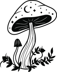 Mystical mushrooms. Vector mushrooms. Full moon, sun, stars, grass, eyes. Black silhouette of mushrooms. Tarro cards. Mystical print.