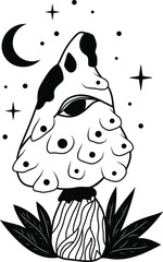 Mystical mushrooms. Vector mushrooms. Full moon, sun, stars, grass, eyes. Black silhouette of mushrooms. Tarro cards. Mystical print.
