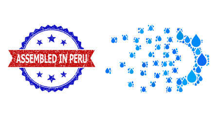 Vector mosaic gear assembling, and bicolor scratched Assembled in Peru stamp. Gear assembling collage for pure water ads. Gear assembling is created with blue clear water tears.