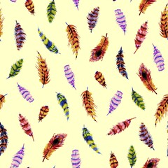 Hand drawn watercolor feathers. Seamless multicolored pattern with watercolor texture. Endless background for textile, packaging, blog header, and any other design.