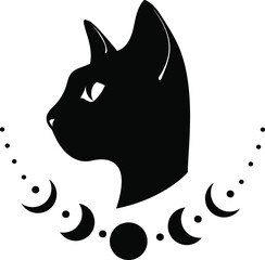 Black cat. Vector. Mystical cat. Flat style, Magic. Moon, sun, stars, flowers.