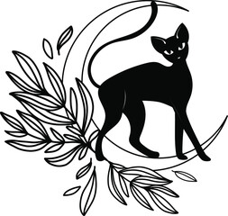 Black cat. Vector. Mystical cat. Flat style, Magic. Moon, sun, stars, flowers.