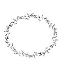 Elegant floral frame, border silhouette in hand drawn doodle style isolated on white background. Wreath decoration, delicate clip art