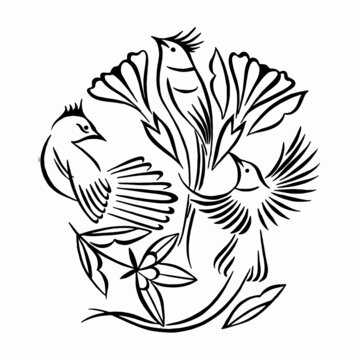 Exotic birds and flowers hand drawn. Stylized black and white ink illustration. Silhouette vector illustration. Black and white sketch. Linear drawing.