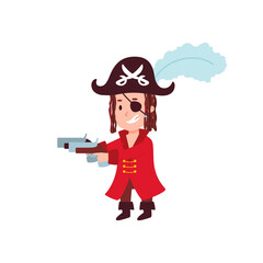 Funny child playing pirates, flat cartoon vector illustration isolated on white.