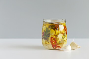 Cheese marinated in olive oil with spices and herbs. Copy space