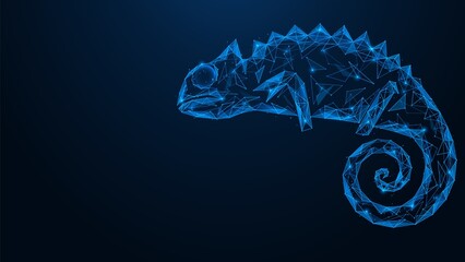 Chameleon. Polygonal lizard design of lines and dots. Blue background. © Ilya