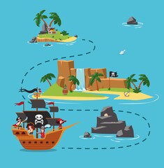 Vector treasure island map with uninhabited isle treasure chest, flat vector.