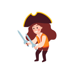 Funny child girl in costume playing pirates, flat vector illustration isolated.
