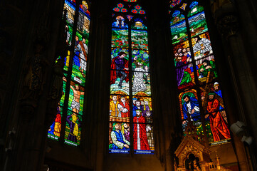 Stained-glass windows depicting the Passion of Jesus Christ. Votivkirche – Votive Church, Vienna,...