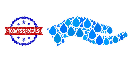 Vector mosaic petition palm, and bicolor scratched Today'S Specials seal stamp. Petition palm mosaic for pure water advertisement. Petition palm is formed from blue clear liquid tears.