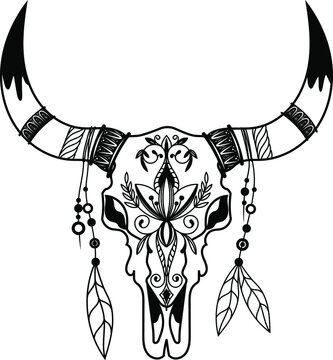 Skull of a cow, buffalo. Skull silhouette. Mystical art. Skull in boho style. Vector graphics.