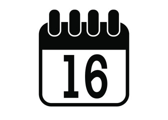 Day 16. Simple day 16 calendar icon in black and white.