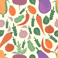 Seamless pattern with hand drawn colorful doodle vegetables.