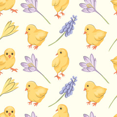 Cute chicken seamless pattern. Easter yellow baby chickens on white background.