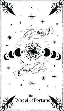 Mystical hands of a witch. Magic poster, Tattu style, Vector, Tarro, moon, celestial art. Hands.