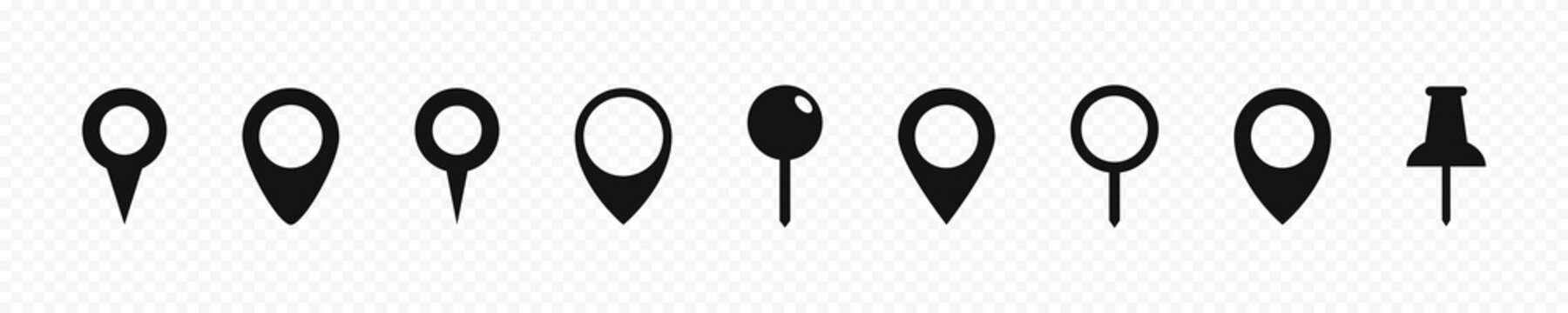 Location pointers set. Flat isolated location pointers icon set. Map pin collection. Black pin pointers design. Vector graphic
