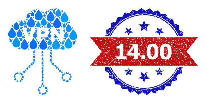 Vector mosaic VPN cloud, and bicolor dirty 14.00 seal stamp. VPN cloud mosaic for clean water ads. VPN cloud is composed with blue clean water dews. Red seal includes 14.