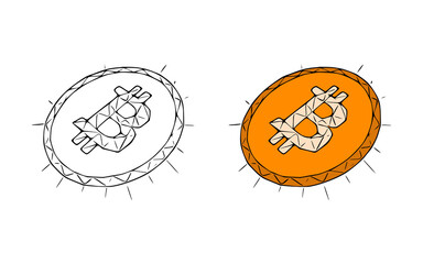 Bitcoin coins doodle icon isolated on white background