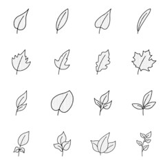Leaf icons set in doodle style, isolated on white background