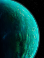 Close-up of the surface of an alien planet, as seen from space. Clouds in the exoplanet's atmosphere. Space landscape.