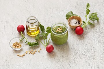 Pesto from radish leaves. Copy space