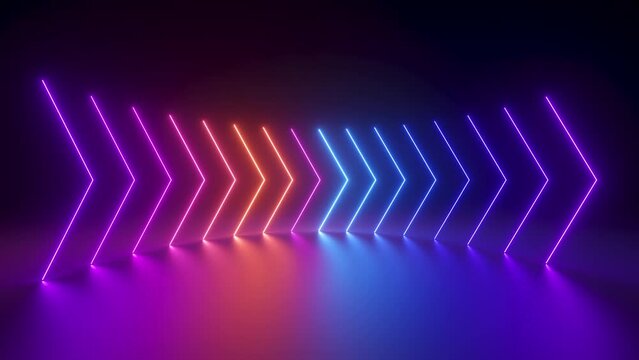 cycled 3d animation, abstract background with neon arrows showing right direction, blue pink red gradient light glowing in the dark