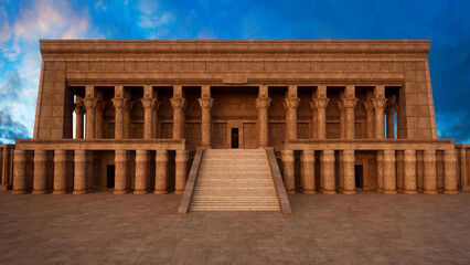 Large ancient Egyptian style temple or tomb built of sandstone with grand staircase to the entrance. 3D rendering.