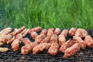 Mici or mititei, Romanian traditional picnic food, on a hot grill behind the bushes or tall grass 
