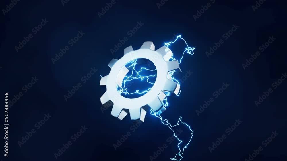 Aufkleber loop animation of gear with lightning effect, 3d rendering.