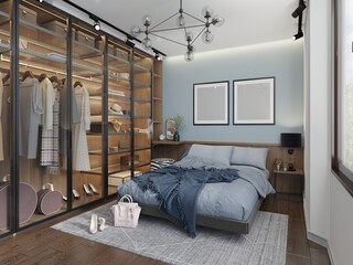 3d illustration. Stylish bedroom for girl with dressing room. Wardrobe with transparent glass sliding doors and lighting. Dressing table and posters above the bed. 3d render.