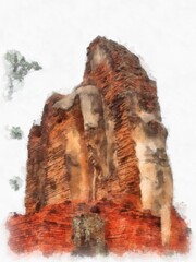 Ancient Ruins in Sukhothai World Heritage Site watercolor style illustration impressionist painting.