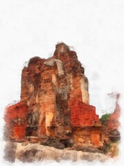 Ancient Ruins in Sukhothai World Heritage Site watercolor style illustration impressionist painting.