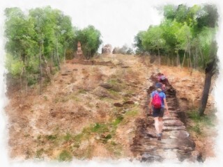 Obraz premium Ancient Ruins in Sukhothai World Heritage Site watercolor style illustration impressionist painting.