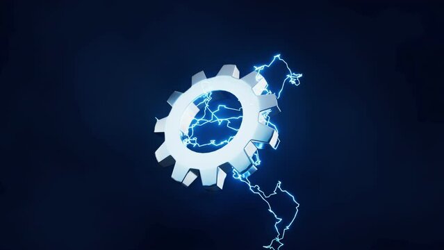 Loop animation of gear with lightning effect, 3d rendering.