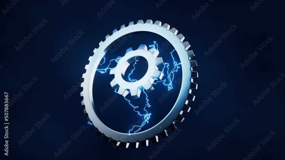 Aufkleber loop animation of gears with lightning effect, 3d rendering.