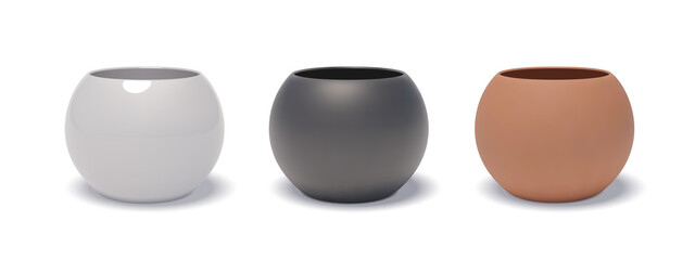 3D realistic glossy white, black and terracotta ceramic flower pots with drop shadows. Three-dimensional empty reservoirs for house plants. Vector isolated clipart