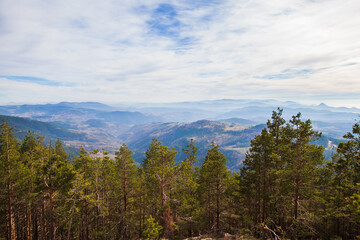 Beautiful nature landscape panoramic view. Sunny autumn day. Beautiful sky. Mountain Zlatibor, Serbia.