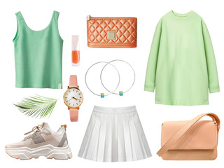 Spring summer female clothes set isolated on white. Green orange women clothing. Fashion apparel...