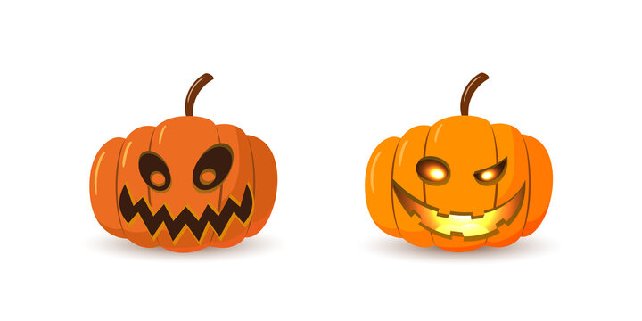 Halloween pumpkin icon set. Autumn symbol. 3D design. Halloween scary pumpkin face, smile, candle light, branch. Orange squash silhouette isolated white background. Cartoon colorful Vector llustration