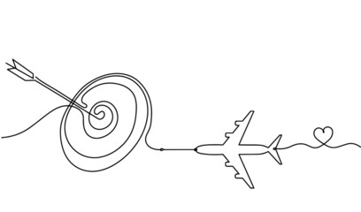 Abstract arrow on target circle with plane as continuous lines drawing on white background
