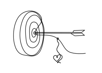 Abstract arrow on target circle with heart as continuous lines drawing on white background. Vector