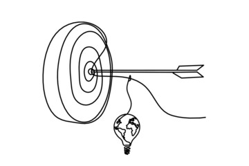 Abstract arrow on target circle with globe light bulb as continuous lines drawing on white background