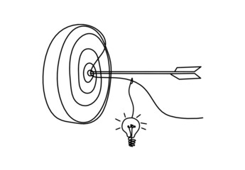 Abstract arrow on target circle with light bulb as continuous lines drawing on white background. Vector