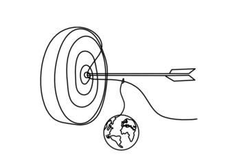 Abstract arrow on target circle with globe as continuous lines drawing on white background
