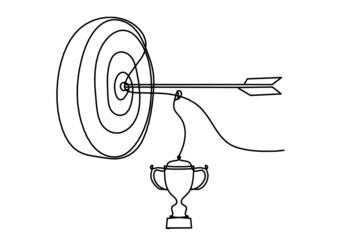 Abstract arrow on target circle with trophy as continuous lines drawing on white background. Vector