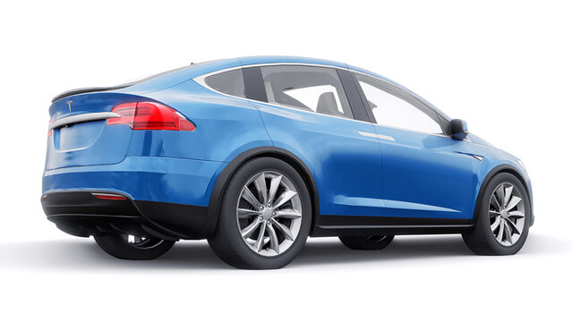 Paris, France. January 06, 2022: Tesla Model X full size city SUV. Blue car isolated on white background. 3d rendering.