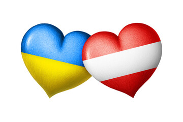 Flags of Ukraine and Austria. Two hearts in the colors of the flags isolated on a white background. Protection, solidarity and help.